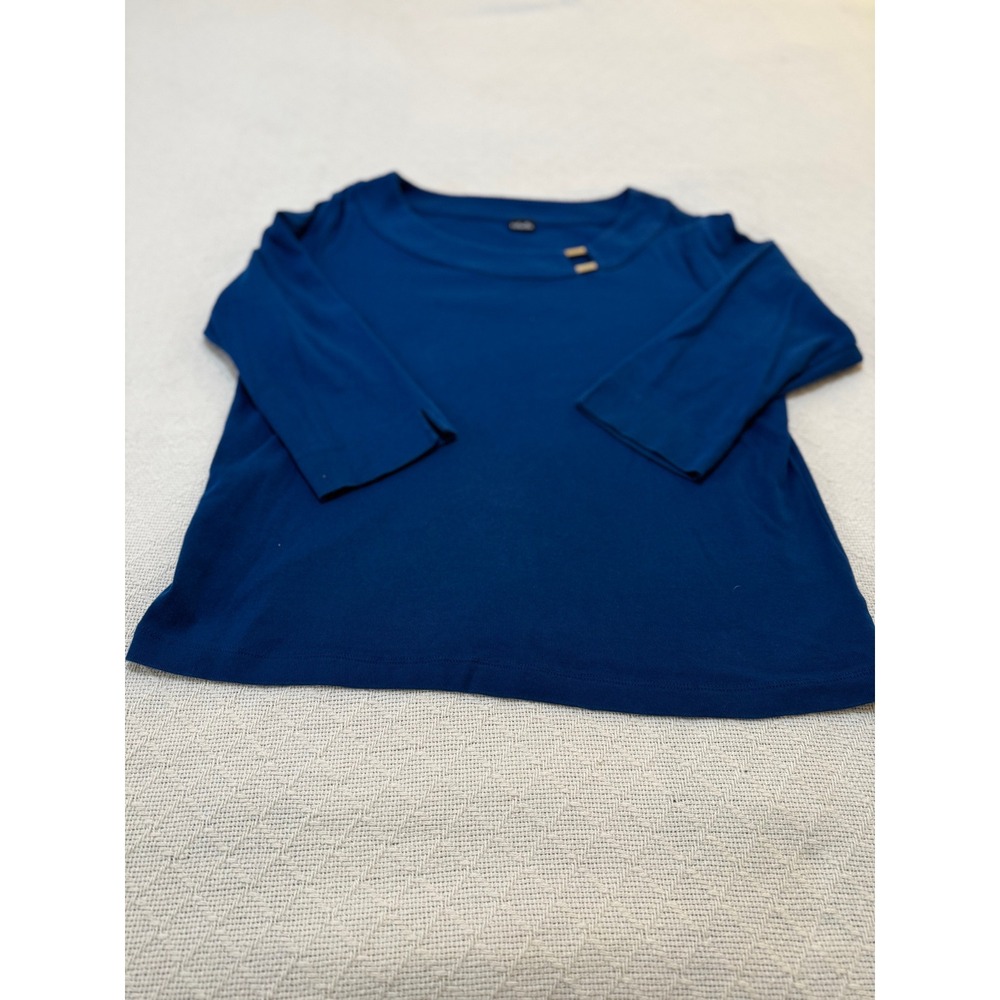 Rafaella Women's Blue 3/4 Sleeve Boat Neck Top with Gold Button Size Medium